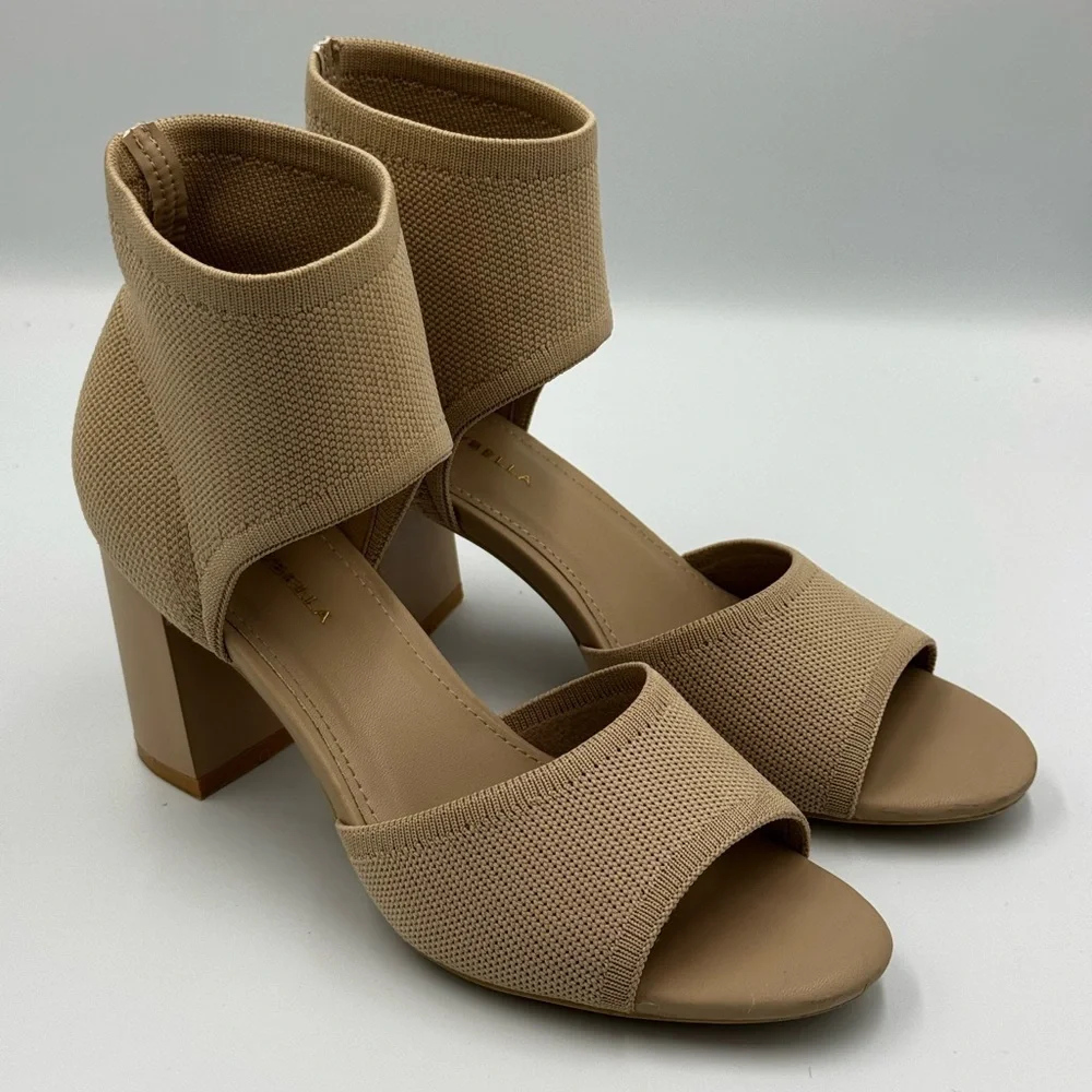 Neutral Sock-Heel Sandals Ankle Strap Block Heels Cream Tan Size 6